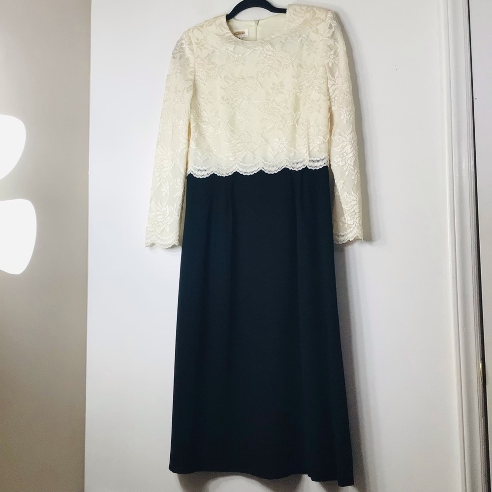 Talbots dress women 8 black ivory lace overlay wedding formal modest career